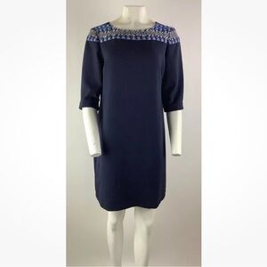 Vilagallo Sz M 44 Yarn Embroidered Shift Dress Blue Viscose 3/4 Sleeve